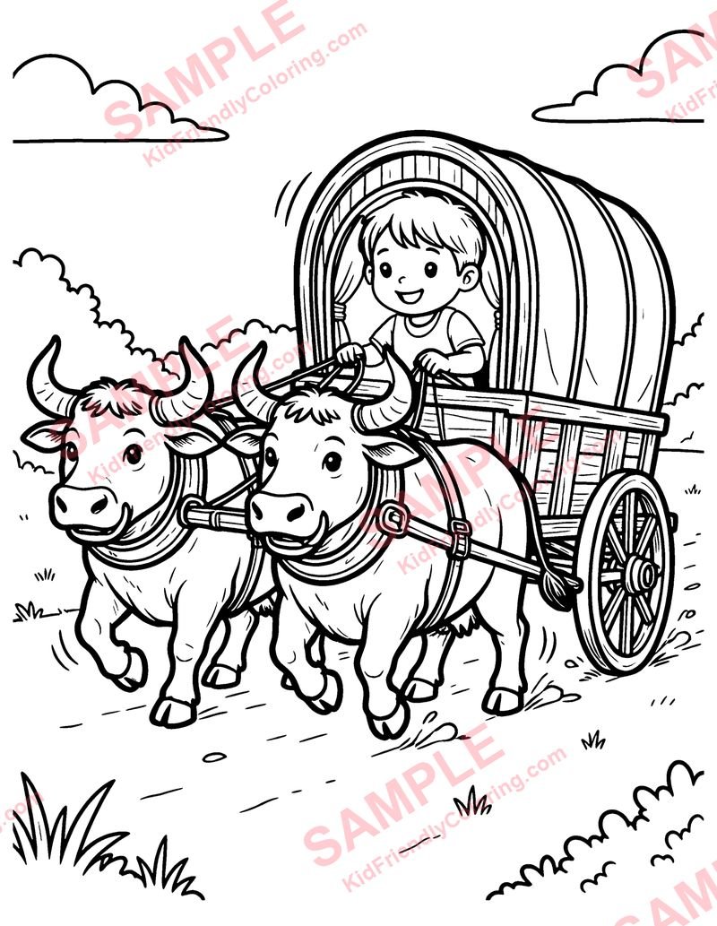 The Oxen and the Wagon Wheels coloring page preview