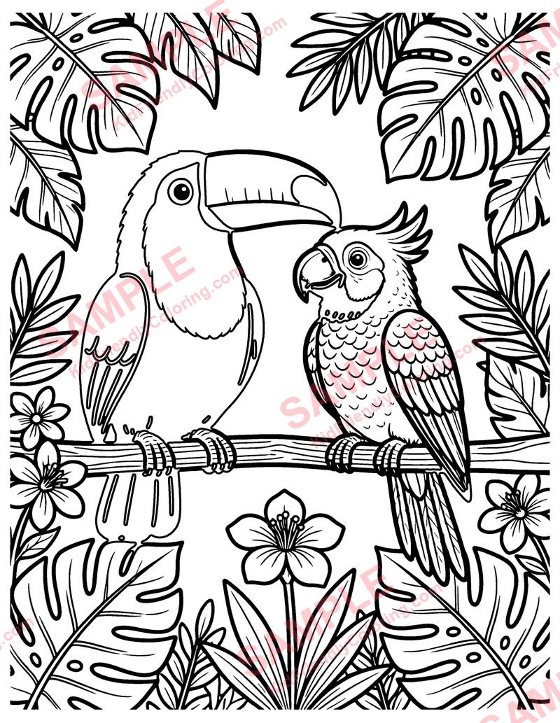 Toucan and Parrot coloring page preview