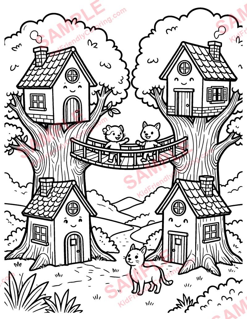 Tree House Village coloring page preview