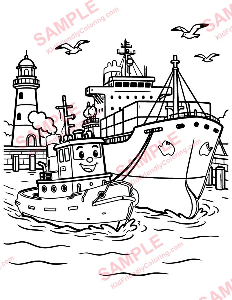 Tugboat in the Harbor coloring page preview