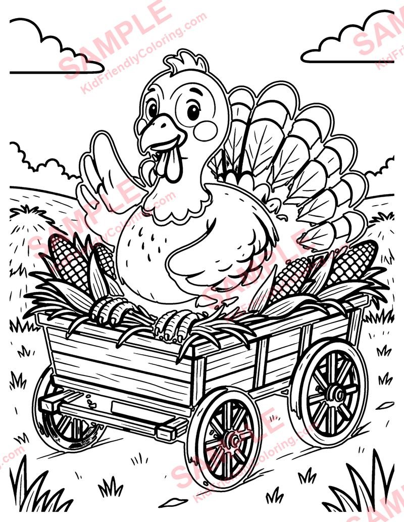 Turkey in a Hay Wagon coloring page preview