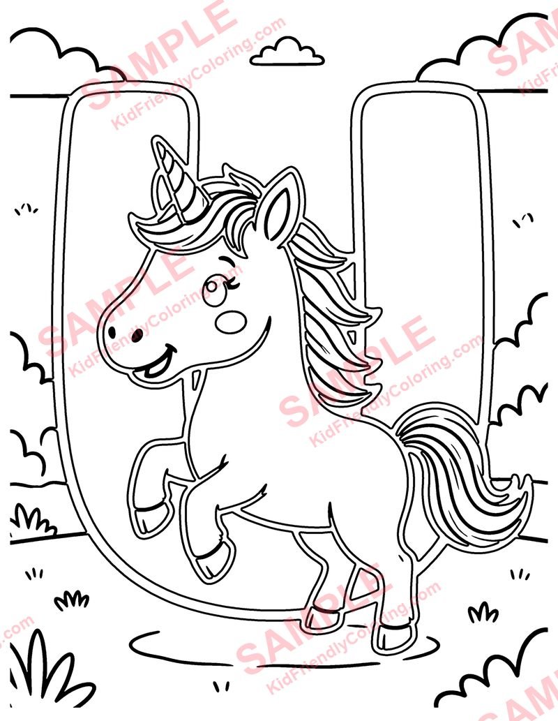 U Is for Unicorn coloring page preview