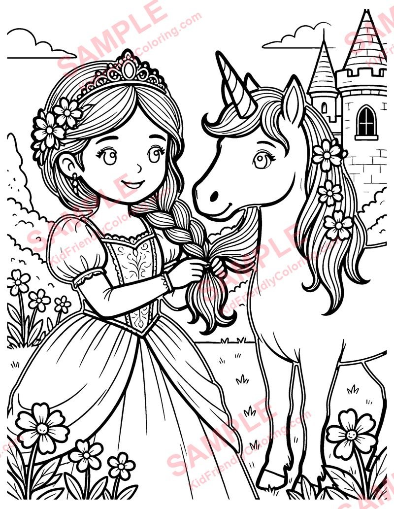Unicorn and Princess coloring page preview