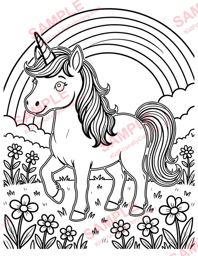 Unicorn in the Meadow coloring page preview