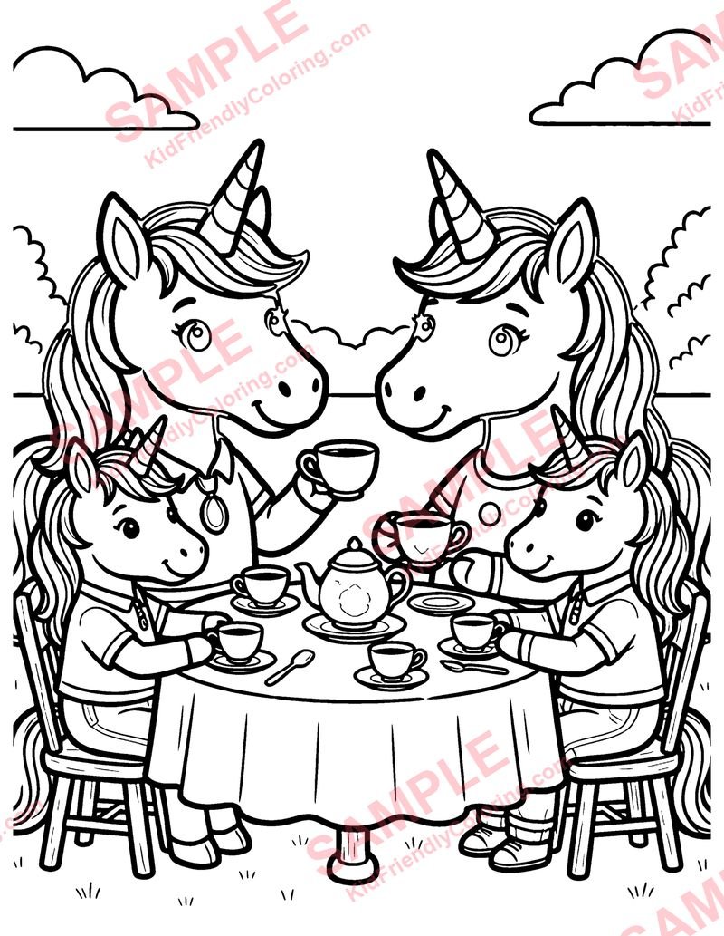 Unicorn Tea Party coloring page preview