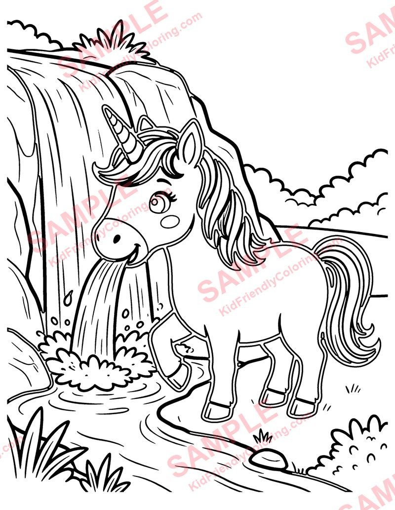 Unicorn Waterfall coloring page preview
