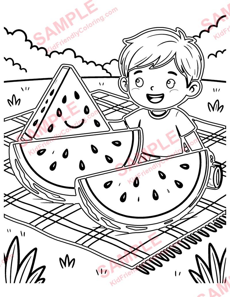 Watermelon Picnic coloring page preview