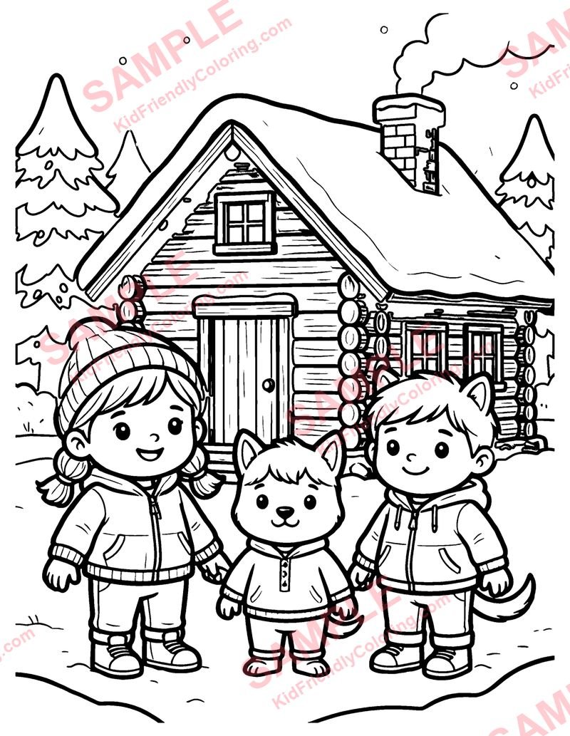 Winter Cabin coloring page preview