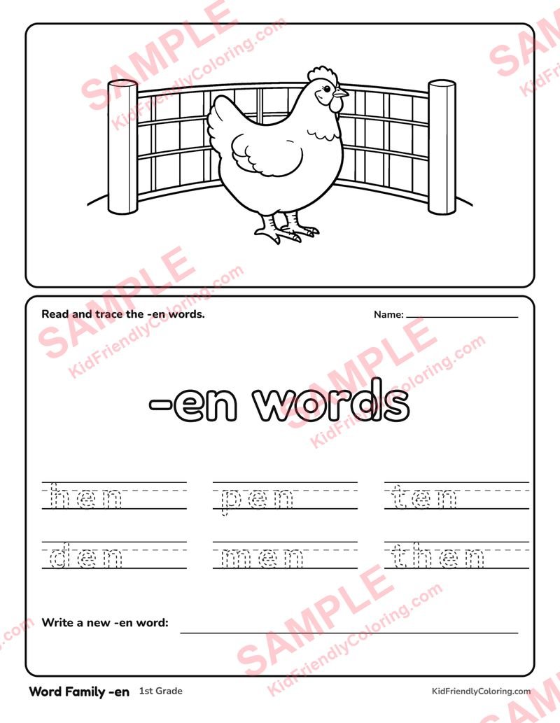 Word Family -en coloring page preview