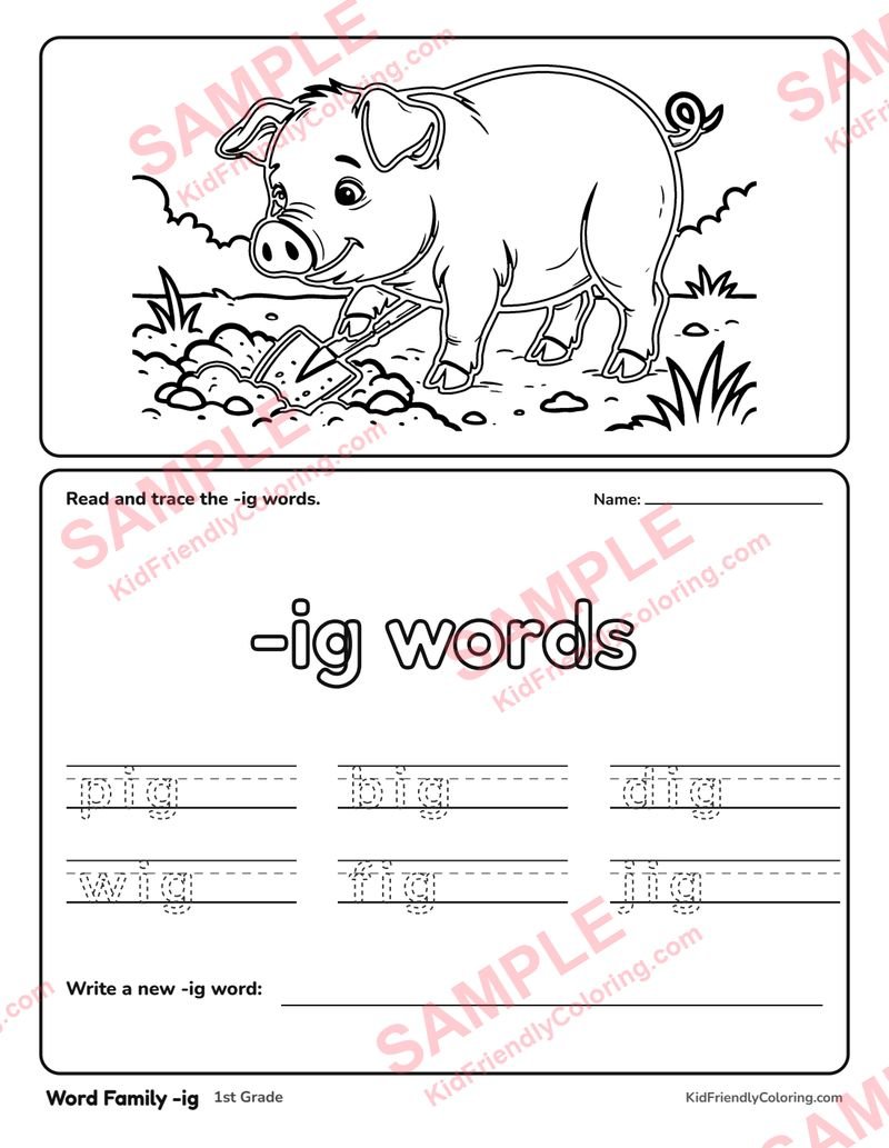Word Family -ig coloring page preview