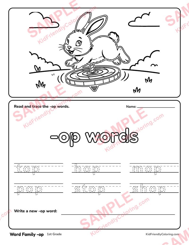 Word Family -op coloring page preview