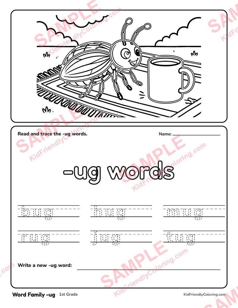 Word Family -ug coloring page preview