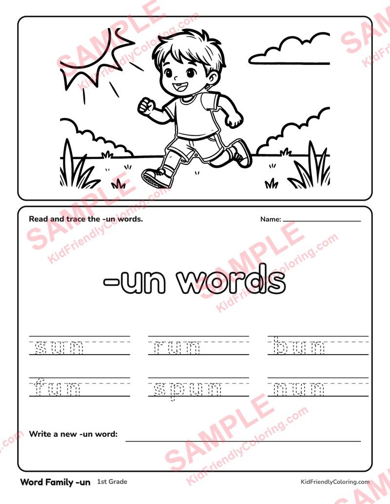 Word Family -un coloring page preview