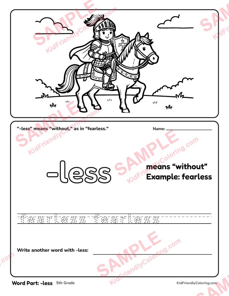 Word Part: -less coloring page preview