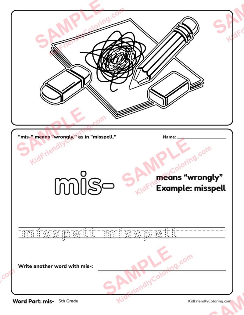 Word Part: mis- coloring page preview