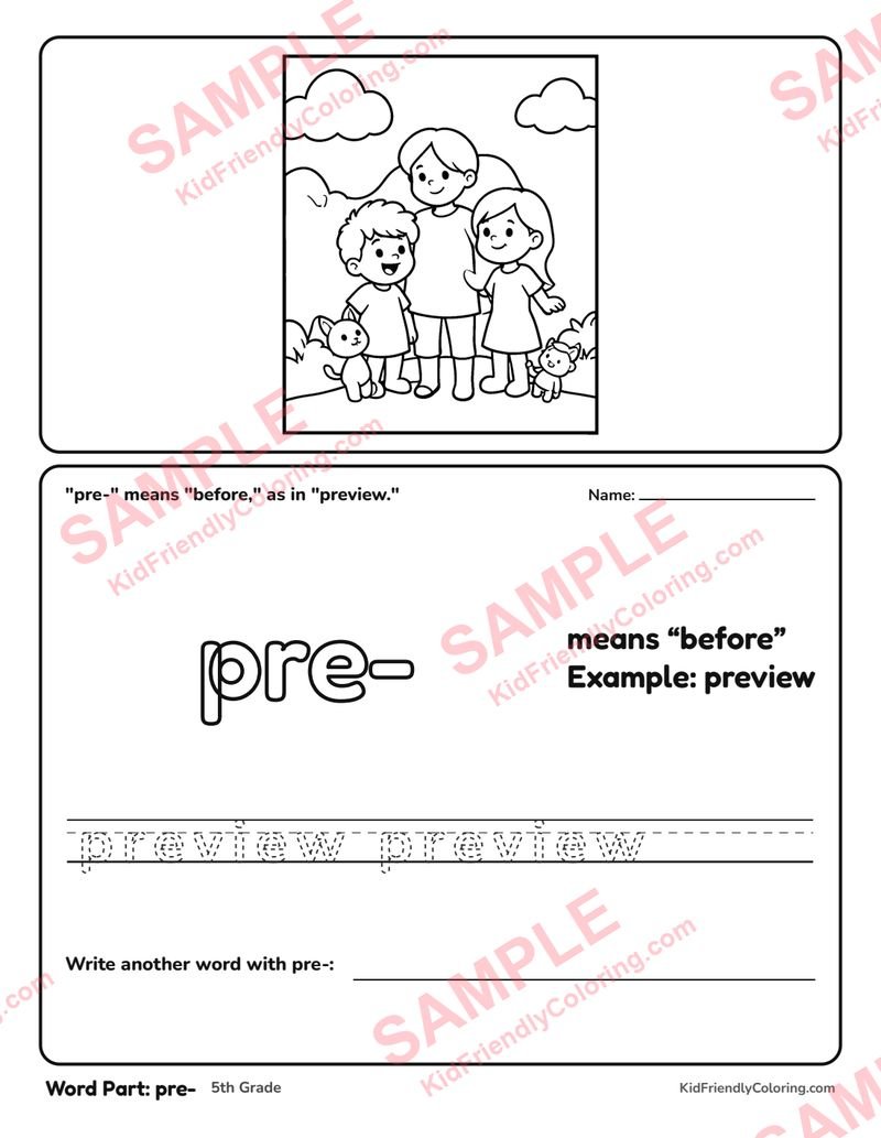 Word Part: pre- coloring page preview