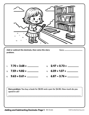 Adding and Subtracting Decimals: Page 1 coloring page