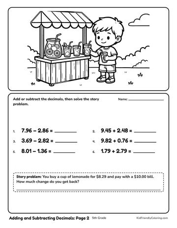 Adding and Subtracting Decimals: Page 2 coloring page