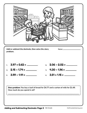 Adding and Subtracting Decimals: Page 3 coloring page
