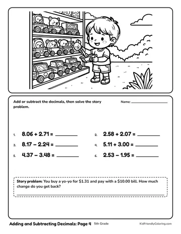 Adding and Subtracting Decimals: Page 4 coloring page
