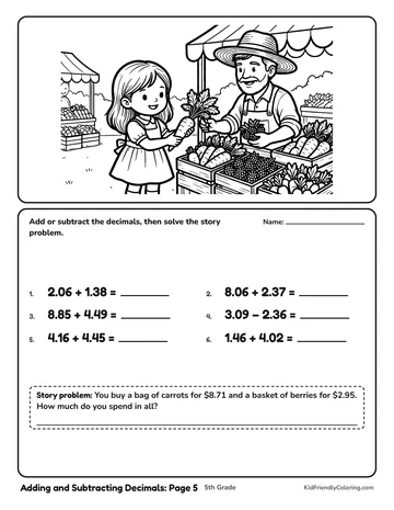 Adding and Subtracting Decimals: Page 5 coloring page