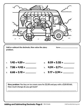 Adding and Subtracting Decimals: Page 6 coloring page