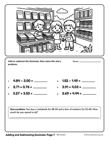 Adding and Subtracting Decimals: Page 7 coloring page