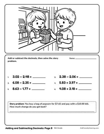Adding and Subtracting Decimals: Page 8 coloring page