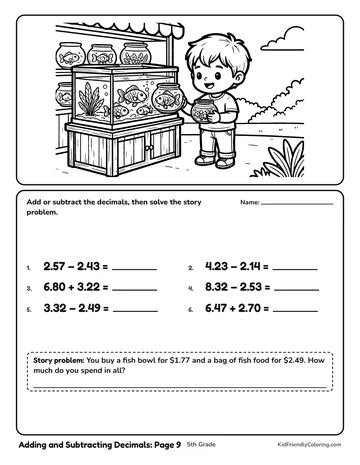 Adding and Subtracting Decimals: Page 9 coloring page