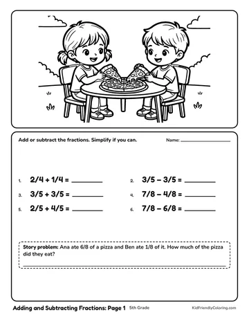 Adding and Subtracting Fractions: Page 1 coloring page