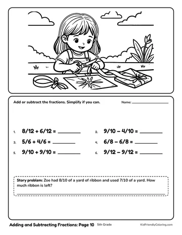 Adding and Subtracting Fractions: Page 10 coloring page