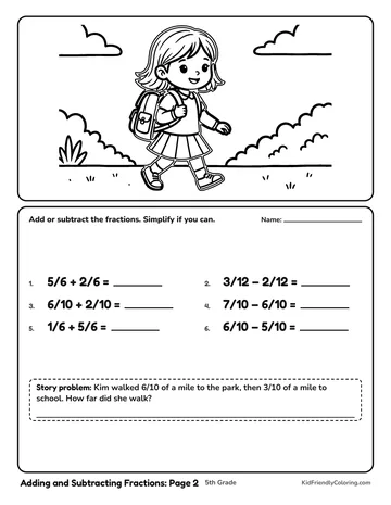 Adding and Subtracting Fractions: Page 2 coloring page
