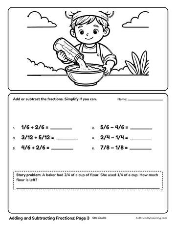 Adding and Subtracting Fractions: Page 3 coloring page