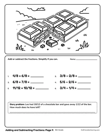 Adding and Subtracting Fractions: Page 4 coloring page