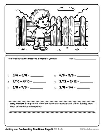 Adding and Subtracting Fractions: Page 5 coloring page