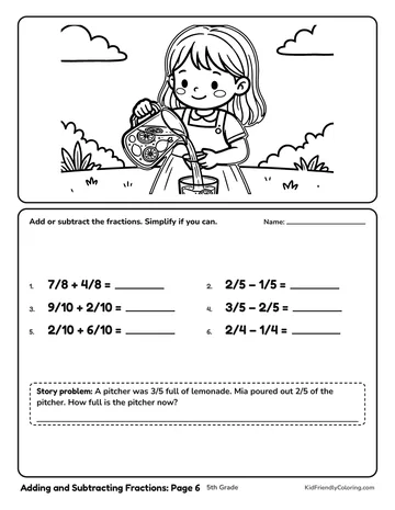 Adding and Subtracting Fractions: Page 6 coloring page