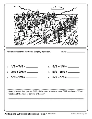Adding and Subtracting Fractions: Page 7 coloring page