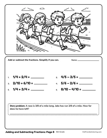 Adding and Subtracting Fractions: Page 8 coloring page