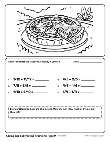Adding and Subtracting Fractions: Page 9 coloring page