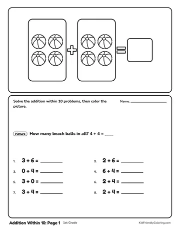 Addition Within 10: Page 1 coloring page