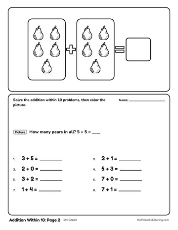 Addition Within 10: Page 2 coloring page