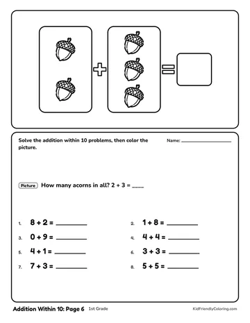 Addition Within 10: Page 6 coloring page