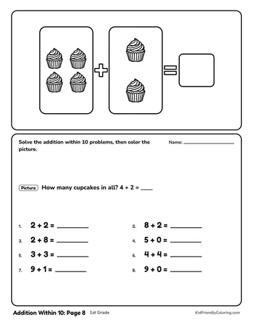 Addition Within 10: Page 8 coloring page