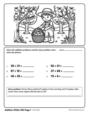 Addition Within 100: Page 1 coloring page