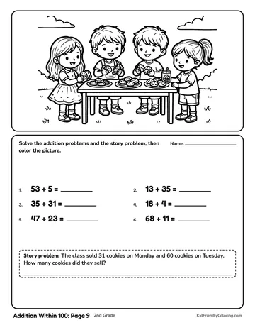 Addition Within 100: Page 9 coloring page
