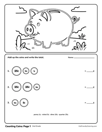 Counting Coins: Page 1 coloring page