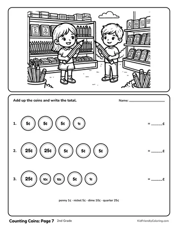 Counting Coins: Page 7 coloring page