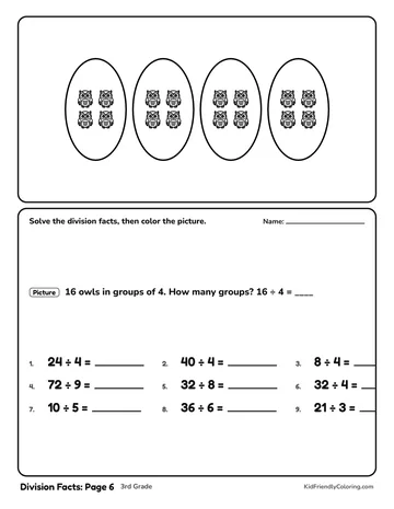 Division Facts: Page 6 coloring page