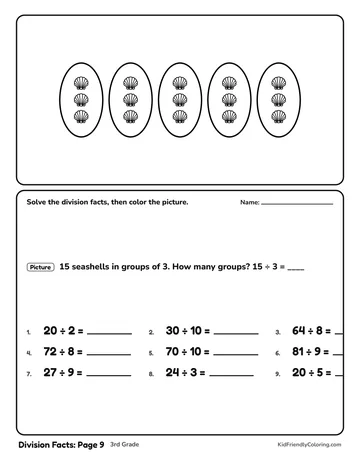 Division Facts: Page 9 coloring page
