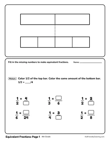 Equivalent Fractions: Page 1 coloring page